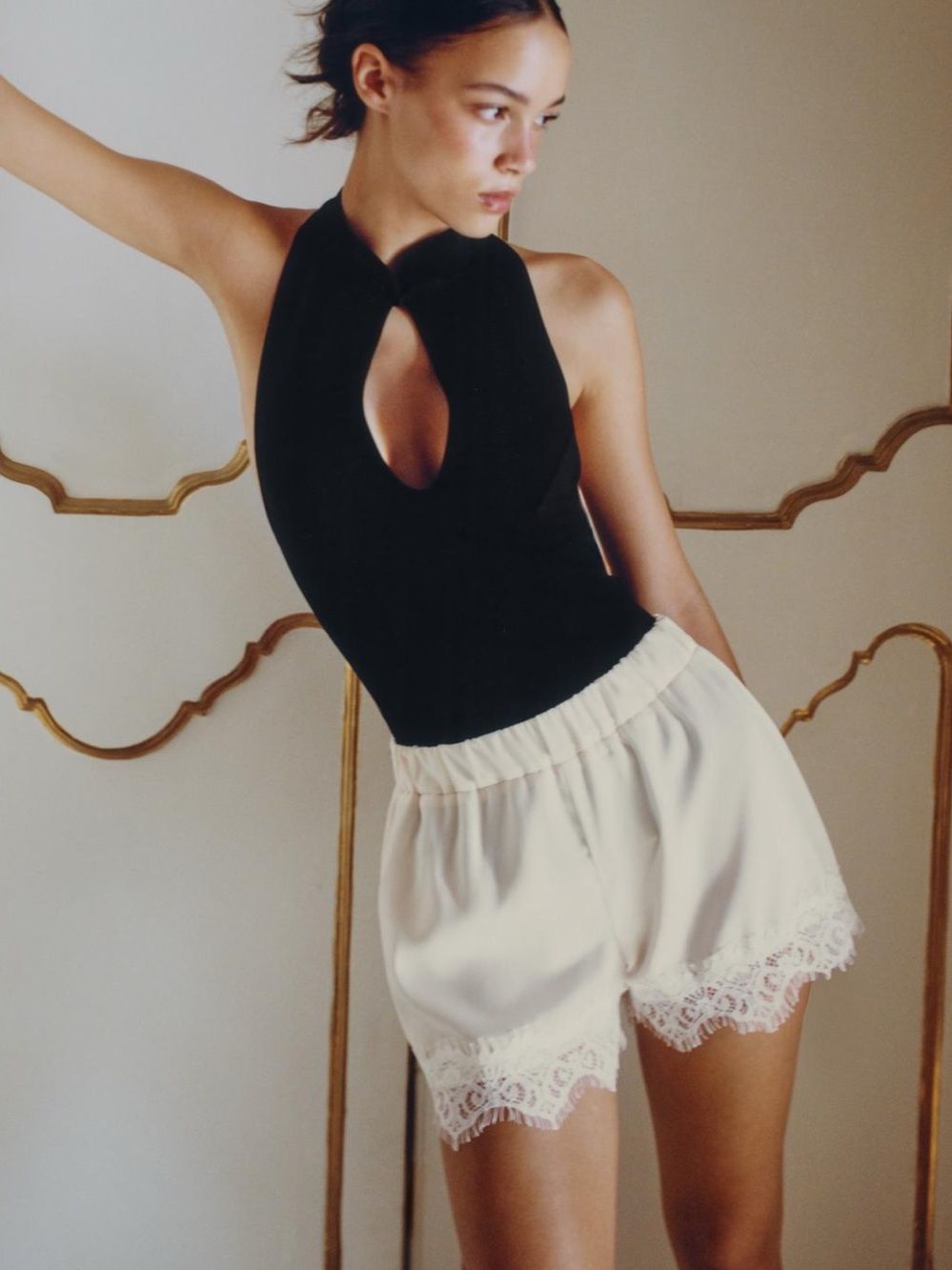 Zara Cream Lace-Trim Elastic Waist Shorts